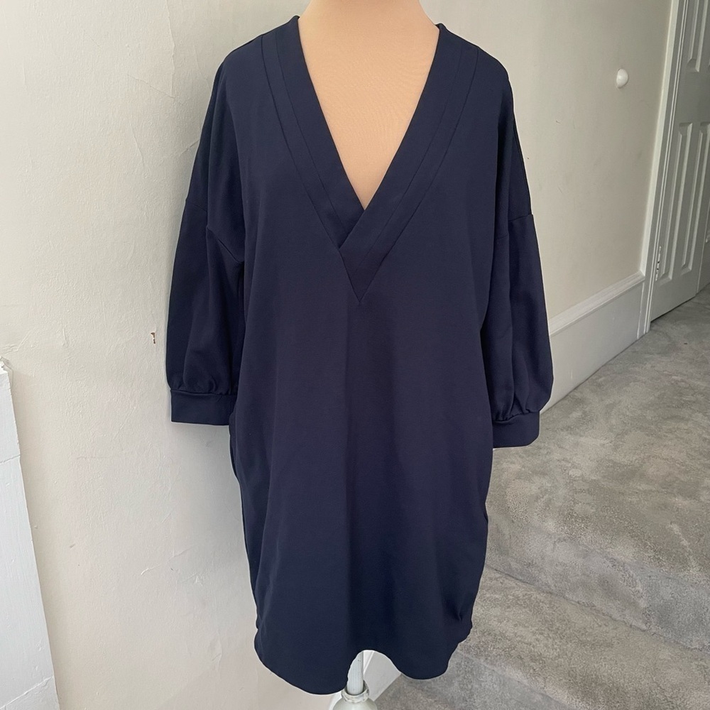 Twinset Navy Blue V-Neck 3/4 Sleeve Pull Over Dress w/ Pockets EUC Size IT 40